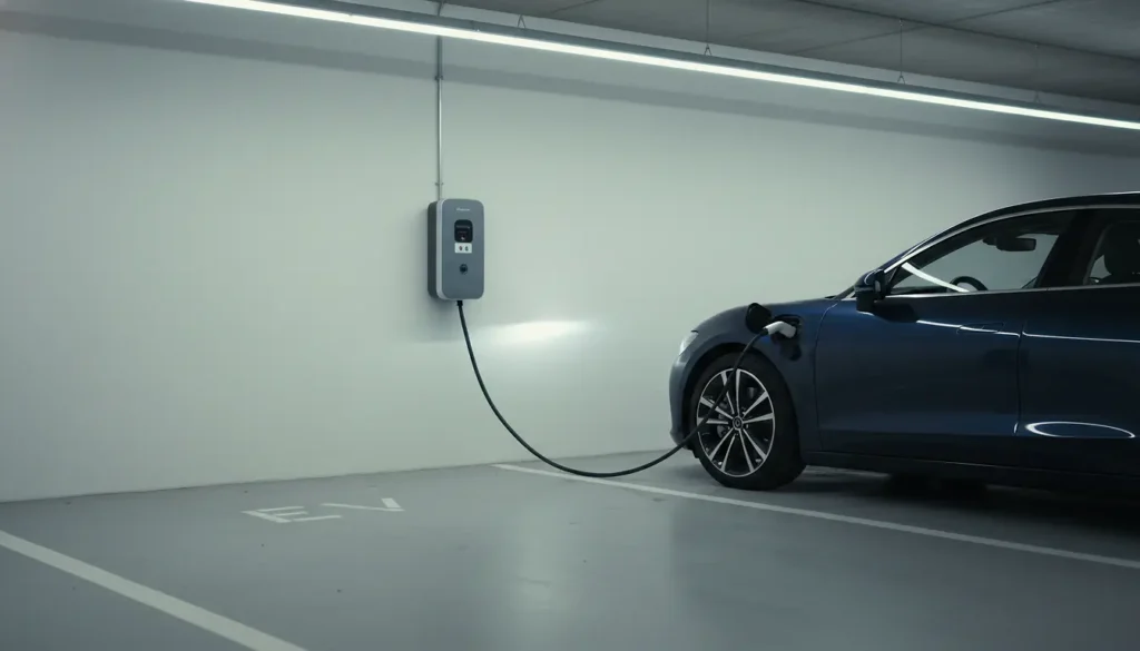 Borne de recharge electrique installee sur un parking d entreprise