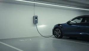 Borne de recharge electrique installee sur un parking d entreprise