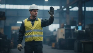 Salarié en casque blanc et gilet jaune levant la main pour signaler un danger dans un atelier industriel, photographie réaliste