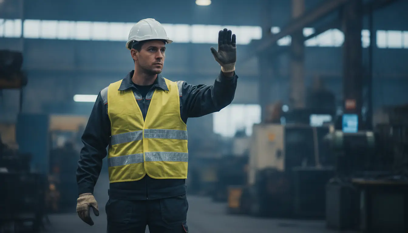 Salarié en casque blanc et gilet jaune levant la main pour signaler un danger dans un atelier industriel, photographie réaliste