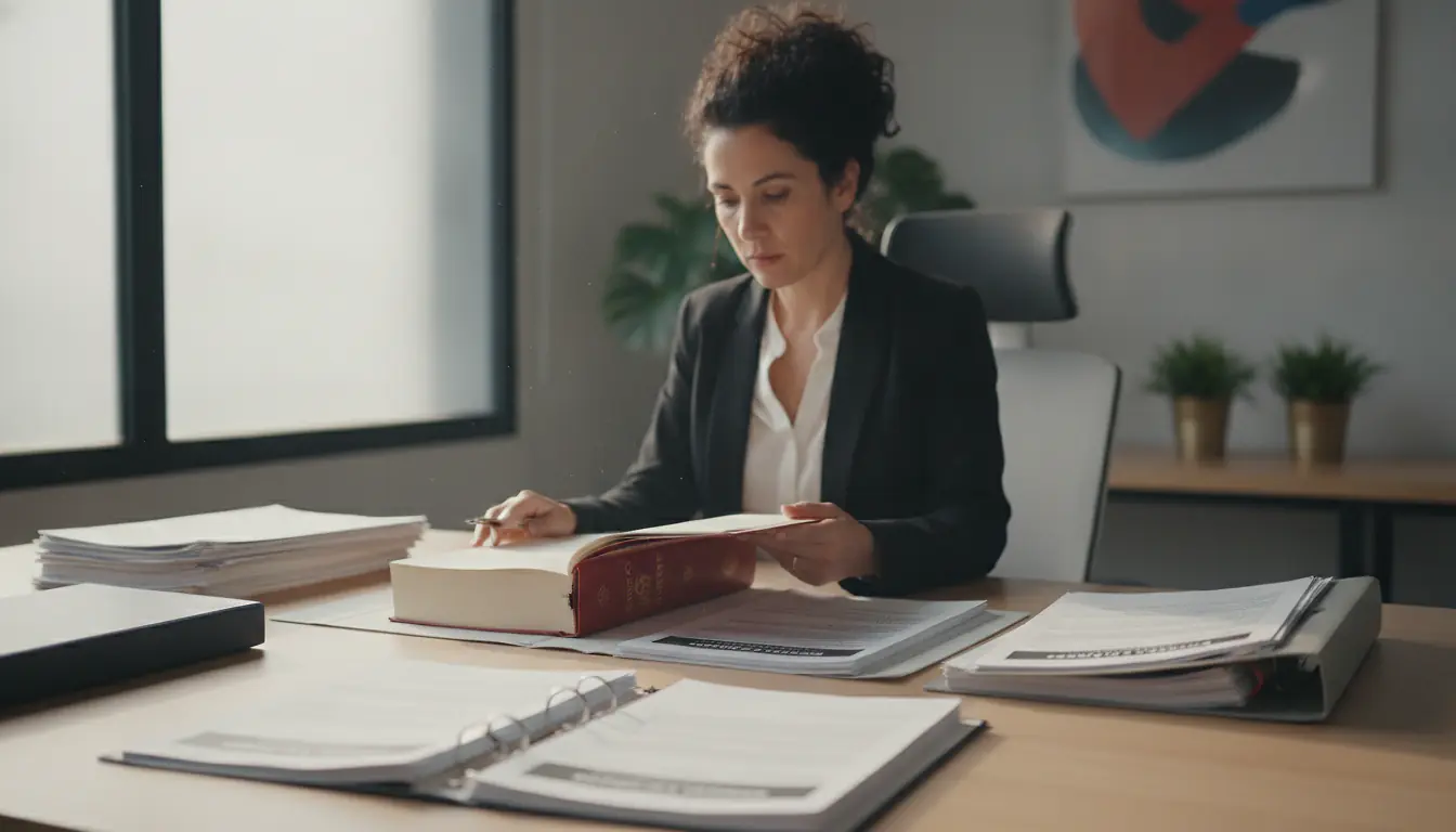Professionnel RH consultant le Code du travail et des contrats de travail sur un bureau avec lumière naturelle