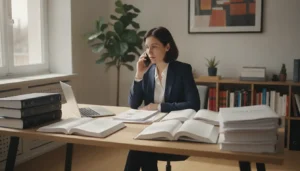 Conseiller administratif au téléphone dans un bureau professionnel moderne, accompagnement droit du travail, lumière naturelle