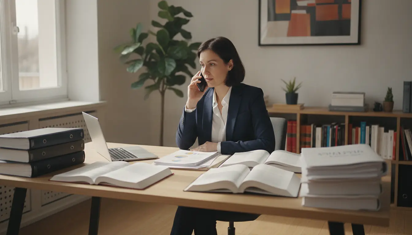 Conseiller administratif au téléphone dans un bureau professionnel moderne, accompagnement droit du travail, lumière naturelle