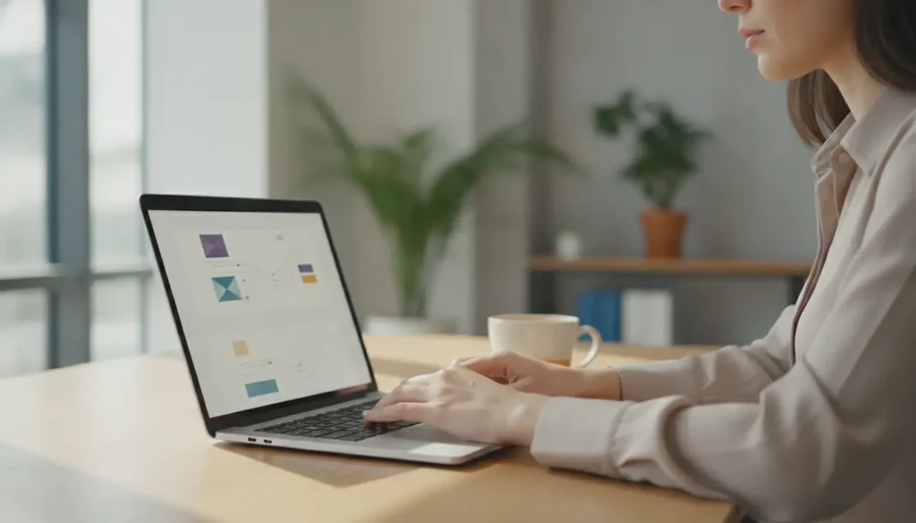 Personne rédigeant une campagne email marketing sur ordinateur portable, tasse de café à côté