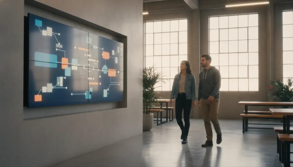 Écran d'affichage connecté dans un espace de pause pour informer les salariés sans poste informatique