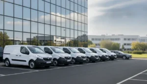 Flotte de véhicules utilitaires d'entreprise garée devant un bâtiment professionnel