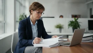 Trésorier de CSE consultant des documents bancaires professionnels sur un ordinateur portable, bureau moderne
