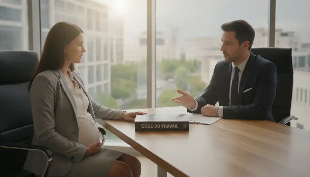 Femme enceinte en tenue professionnelle en réunion avec un responsable RH, Code du travail ouvert sur le bureau