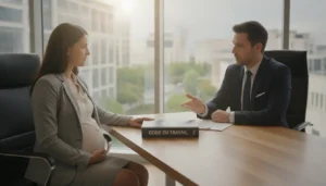 Femme enceinte en tenue professionnelle en réunion avec un responsable RH, Code du travail ouvert sur le bureau