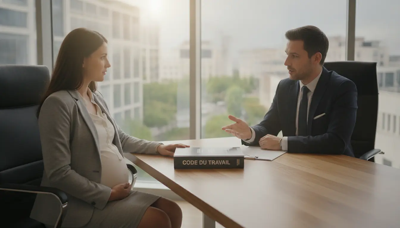 Femme enceinte en tenue professionnelle en réunion avec un responsable RH, Code du travail ouvert sur le bureau