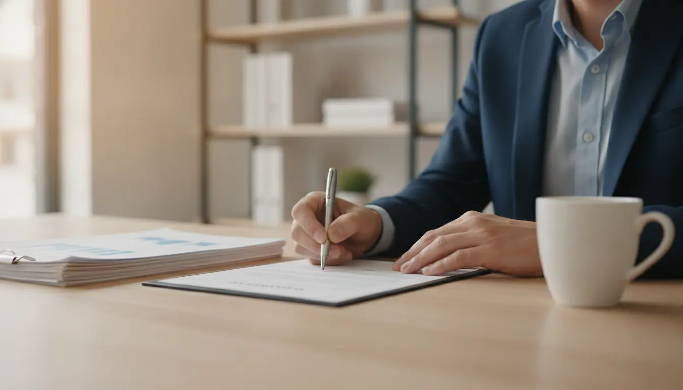 Professionnel en costume signant un contrat d'assurance responsabilité civile professionnelle sur un bureau