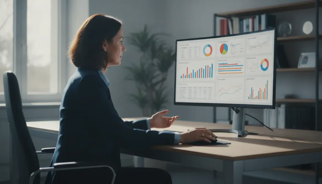 Responsable PME devant un tableau de bord de marketing digital avec graphiques de performance