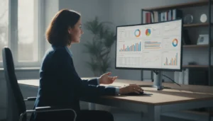 Responsable PME devant un tableau de bord de marketing digital avec graphiques de performance
