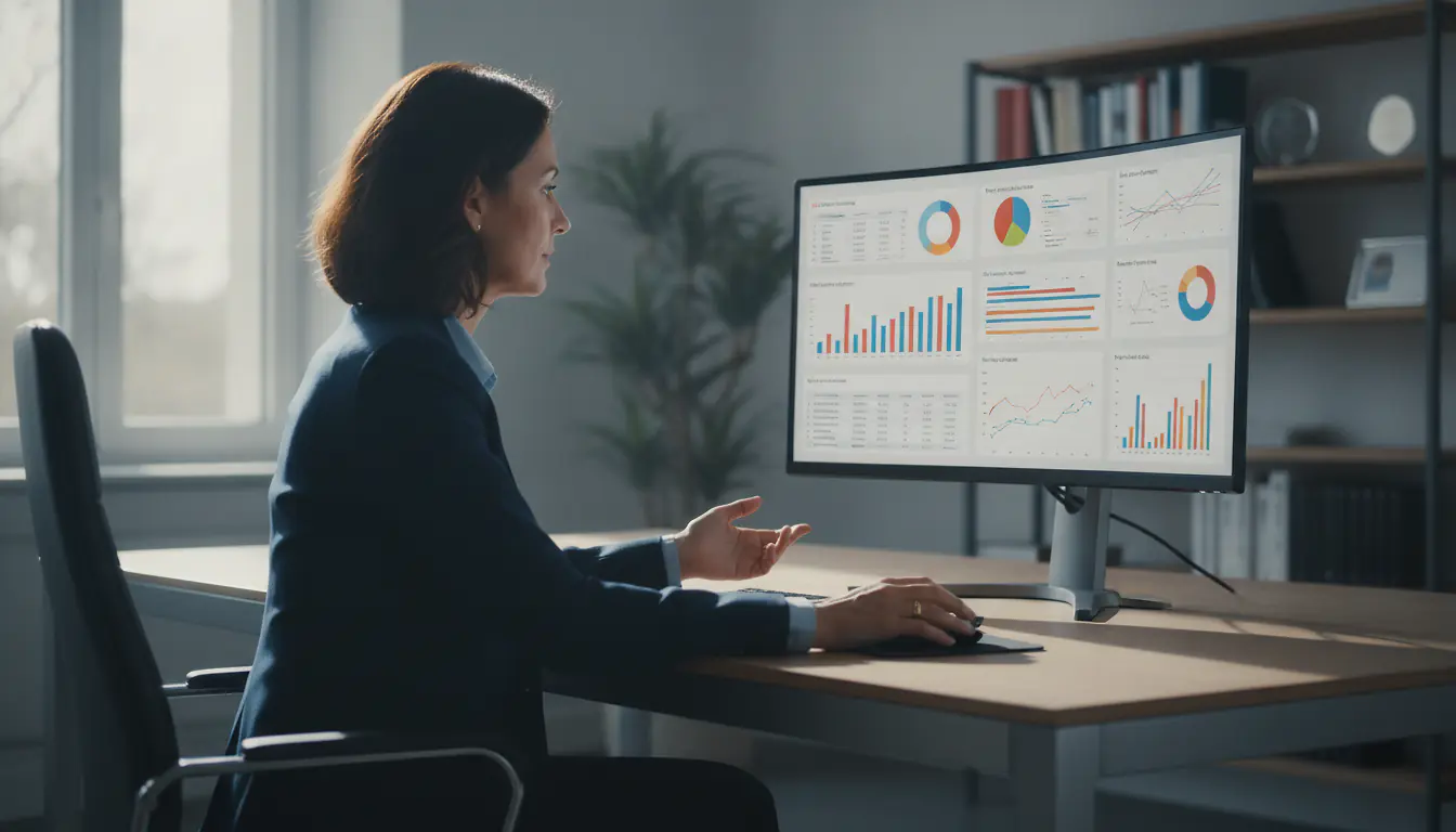 Responsable PME devant un tableau de bord de marketing digital avec graphiques de performance