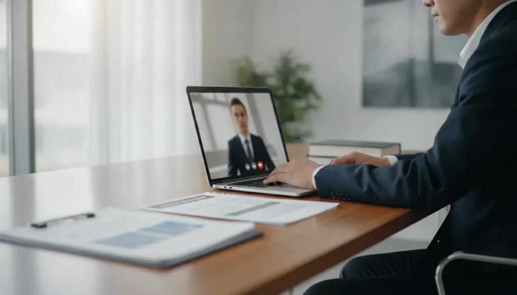 Salarié en consultation vidéo avec un avocat en droit du travail, bureau lumineux avec documents juridiques