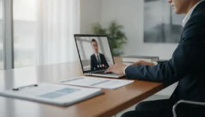 Salarié en consultation vidéo avec un avocat en droit du travail, bureau lumineux avec documents juridiques