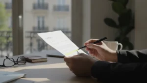 Mains d'un salarié tenant un contrat de travail imprimé et un stylo sur un bureau